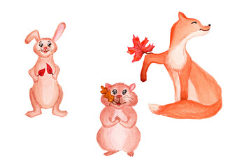 Animals with autumn leaves, watercolor painting isolated on white background. 