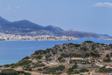 View of wonderful Mirabello Bay (Kolpos Mirampelou). Mirabello Bay is an embayment on eastern part of Crete, Greece. It is largest bay of Greek islands and fifth largest in Mediterranean Sea.