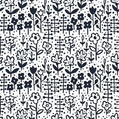 Seamless pattern with silhouette branch of leaves, flowers, dots, circles. Cute elegant flowers vector illustration. Background for poster or cover. Figure for textiles.