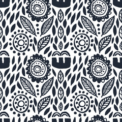 Seamless pattern with silhouette branch of leaves, flowers, dots, circles. Cute elegant flowers vector illustration. Background for poster or cover. Figure for textiles.