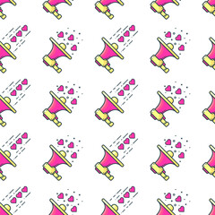 Seamless pattern of hearts, dots, circles, crosses, speakers on white background. Image for a poster or cover. Vector illustration. Repeating texture. Figure for textiles.