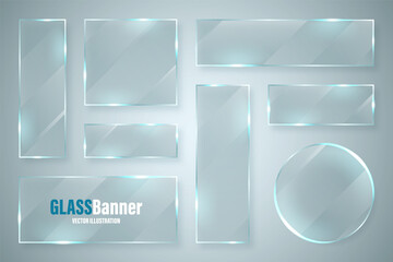 Glass frames collection. Realistic glossy transparent glass banner with glare. Vector design element.