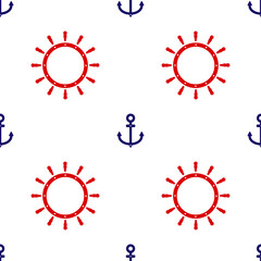 Red Ship steering wheel and blue anchor icon isolated seamless pattern on white background. Vector