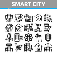 Smart City Technology Collection Icons Set Vector. Smart City Tool Traffic Lights And Drone Delivery, Solar Battery And Eco Energy Plant Concept Linear Pictograms. Monochrome Contour Illustrations