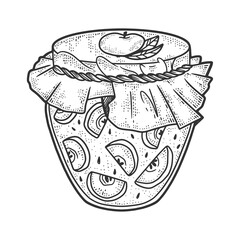 apple jam sketch engraving vector illustration. T-shirt apparel print design. Scratch board imitation. Black and white hand drawn image.