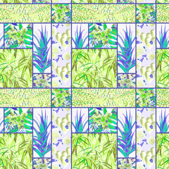 Patchwork 7+8 with aloe, leaves, hearts and fur. Seamless pattern