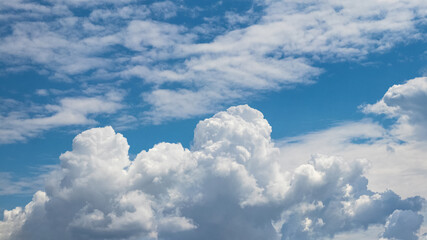 Naklejka na ściany i meble Panorama of blue sky with white curly clouds