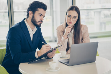 Portrait of his he her she two nice attractive stylish experienced qualified people meeting planning innovation progress real estate market development light white workplace workstation