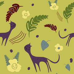 Abstract seamless pattern with cute cat and different leaves