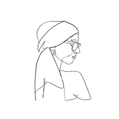 Stylish one continuous line woman in sunglasses. Fashionable typography girl in minimalist style. Beauty sign. Attractive fashion model. Summer fashion.