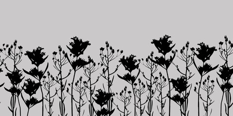 Border. Silhouettes of grass on a gray background.