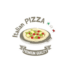 Image of the pizza label in a retro style. Vector illustration of Italian pizza with homemade cheese isolated on a white background.