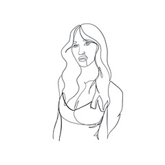Hand drawing woman portrait drawn in one continuous line style. Linear woman. 