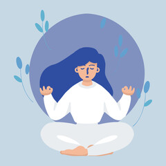 Woman meditating and practicing yoga concept. The girl sits in the lotus position. the thought process and the search of idea. Vector illustration