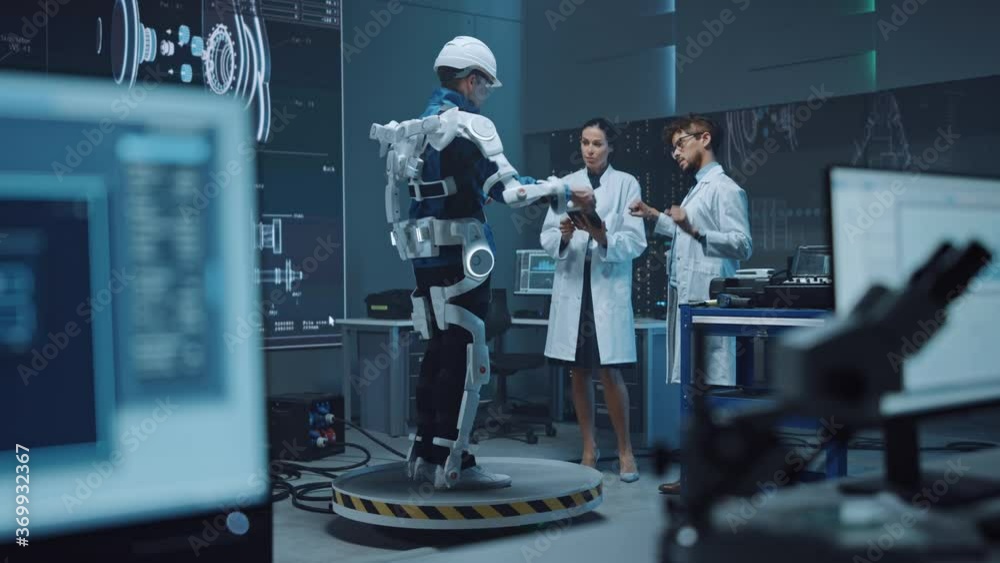 Aufkleber In Robotics Development Laboratory: Engineers and Scientists Work on a Bionics Exoskeleton Prototype with Person Testing it. Designing Wearable Exosuit to Help Disabled People, Warehouse Workers
