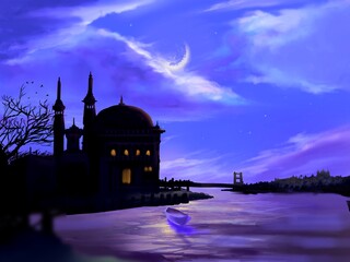 Obraz premium night view of the mosque and calm ocean