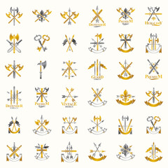 Weapon emblems vector emblems big set, heraldic design elements collection, classic style heraldry armory symbols, antique knives armory arsenal compositions.