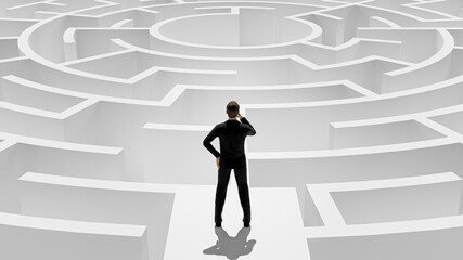 3D Rendering. 3D Businessman Standing in front of the maze. Success soncept.