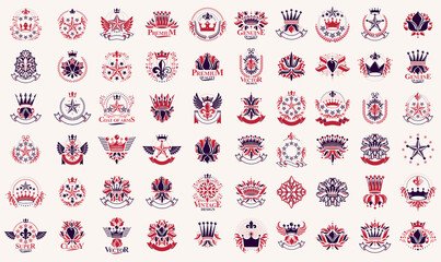 Naklejka premium Classic style crowns and stars emblems big set, ancient heraldic symbols awards and labels collection, classical heraldry design elements, family or business emblems with coronets.