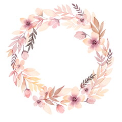 Fototapeta na wymiar Delicate flower watercolor wreath fisolated on white