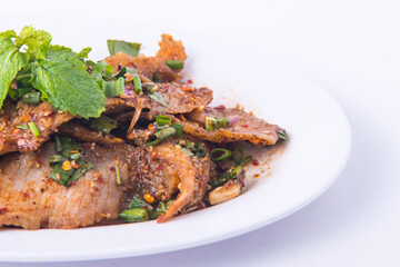 Thr popular of Thai food. Spicy Minced Pork Salad. 