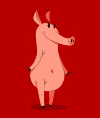 Funny cartoon pig standing adorable and humorous vector illustration, animal character swine drawing.