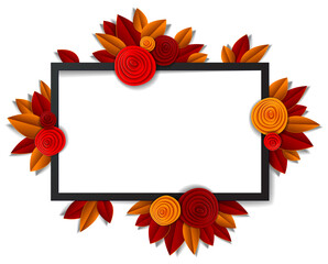 Autumn flowers and leaves beautiful background or frame with blank copy space for text, vector illustration in paper cut style. Wedding invitation or romantic greeting card.