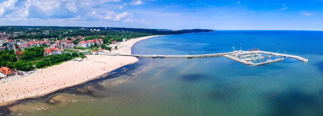 Wall murals The Baltic, Sopot, Poland Panorama of the Baltic sea coastline with wooden pier in Sopot, Poland