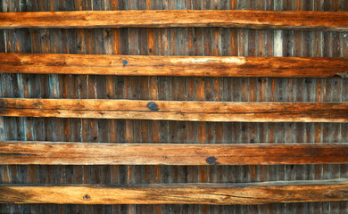 Ceiling made of old wooden beams as a background.