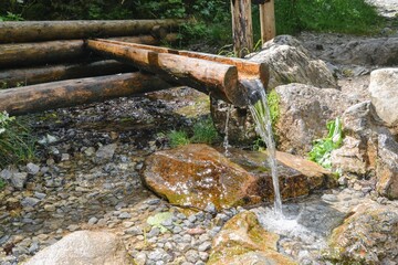 Clean fresh water flowing from a mountain fountain. Mountain spring Water. Natural tree trunk fountain. Well and water trough made out of tree trunk. 