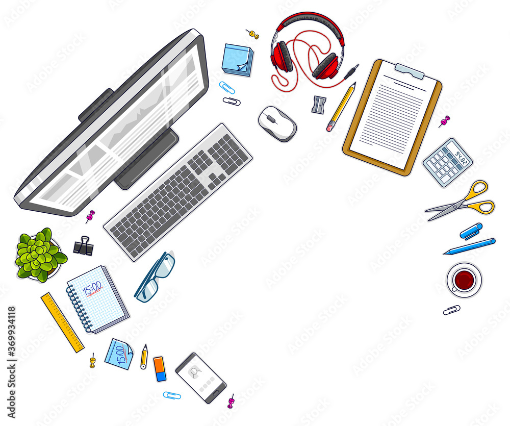 Fototapete Work desk workspace top view with PC computer and a lot of different stationery objects on table with copy space for text. All elements are easy to use separately or recompose illustration. Vector.