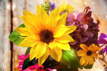 bouquet of colorful wild flowers with sunflowers and cosmos flowers - summer background and greeting card for birthday, mother's day, wedding