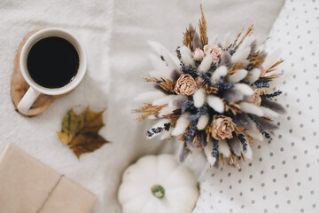 Autumn flat lay. Seasonal home autumn decoration. Thanksgiving, Halloween and fall concept. Cozy warm image, hygge style