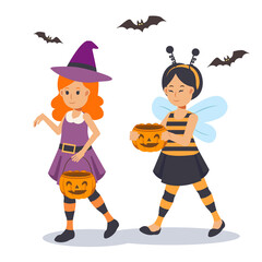 2 little cute Girls in Halloween costume are enjoy. trick or treat. Cute witch , honey bee.