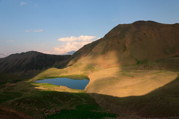 High-mountain lake Shobaidak in the Mukhinsky gorge of the Teberda biosphere reserve