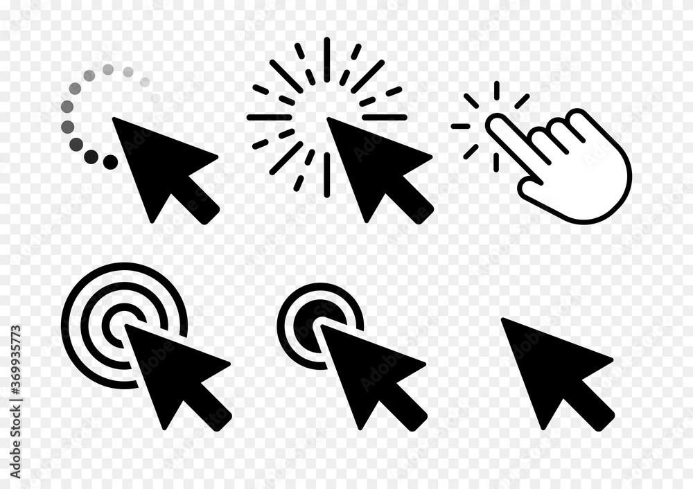 Poster computer mouse click cursor black arrow icons set. vector illustration