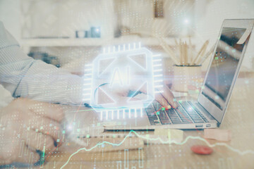 Businessman working on Laptop with technology theme drawing. Concept of big data. Double exposure.