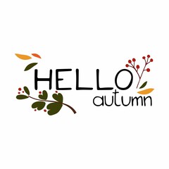 Hello autumn lettering. Berries and leaves with text, handwritten phrases with seasonal design elements isolated on white background, flat vector doodle illustration for postcard poster and labels