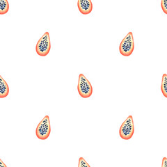 Watercolor seamless pattern with colorful fruits isolated on white background. Hand painted papaya background. Tropical, summer, exotic fruit pattern. 