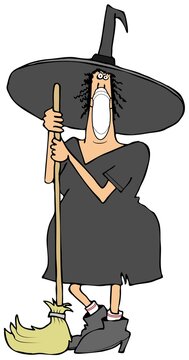 Halloween witch leaning on her broom and wearing a face mask