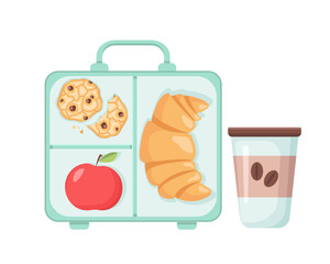 vector lunch box with sweet croissant, cookies and apple. Breakfast with a Cup of coffee. school lunch.container with office food. isolated on white background. illustration for web,design,graphic.