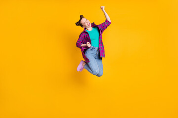 Full length profile photo of pretty crazy excited teen lady jump up support sports team competition...