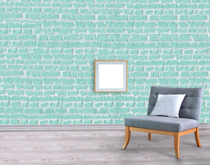 green stone wall and gray sofa interior design