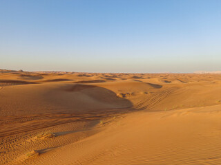 Fototapeta na wymiar Tire traces on sand dune on desert