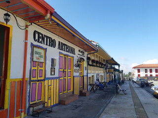 Unique colorful colonial style houses at city centre of Salento, Colombia.