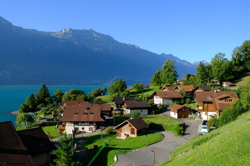 Fototapeta na wymiar Oberreid village early morning, Brienzersee lake, Berner Oberland, Switzerland