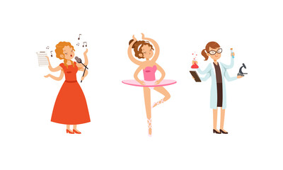 Multitasking People Collection, Girls with Many Hands Singing, Dancing, Doing Scientific Research Cartoon Style Vector Illustration