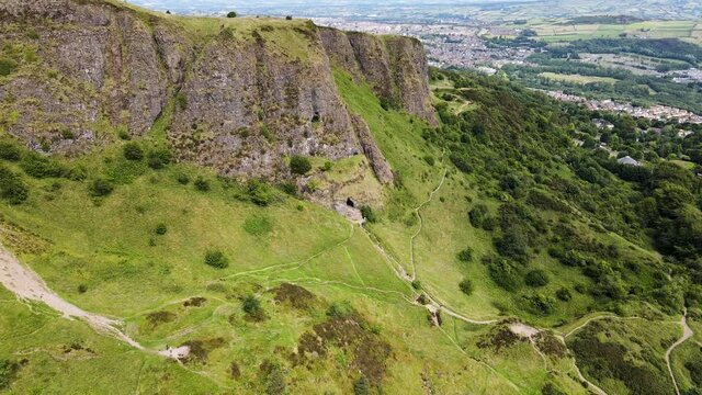 Aerial view of lower cave at Cavehill, overlooking Belfast City, Northern Ireland