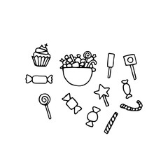 Set of vector festive doodle sweets. Outline candy, cupcakes, cakes, candies, peppermint sticks isolated on white background. Hand drawn dessert for kids party, Halloween, Easter, birthday, Christmas