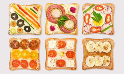 Breakfast toasts on a white background